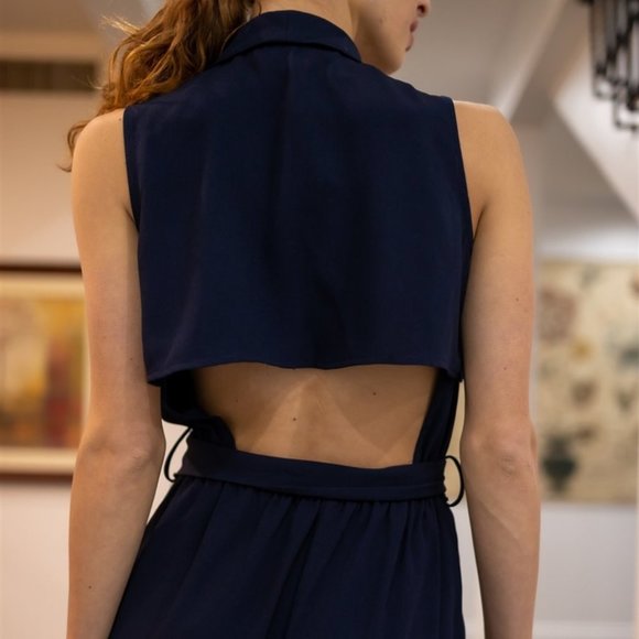 BOHO Navy Notched Collar Wide Leg Jumpsuit - Picture 3 of 6